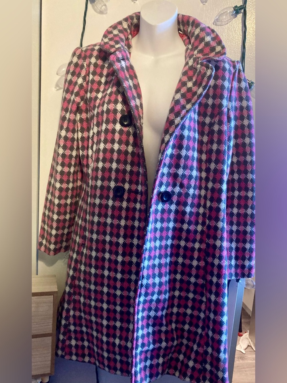 French Connection Pink and Black Argyle Coat Jacket